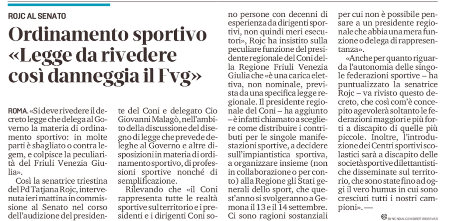Ordinamento sportivo «Legge da rivedere così danneggia il Fvg»