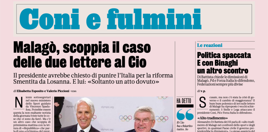 Malagò, scoppia il caso delle due lettere al Cio Coni e fulmini