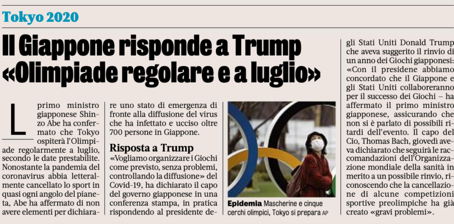 Il Giappone risponde a Trump «Olimpiade regolare e a luglio»